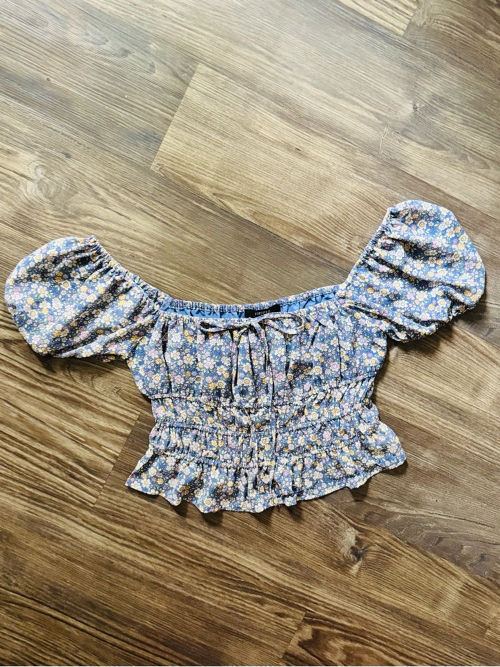 Forever 21 Blue Floral Puff Sleeve Smocked Crop Top Cottagecore Coquette Sz S